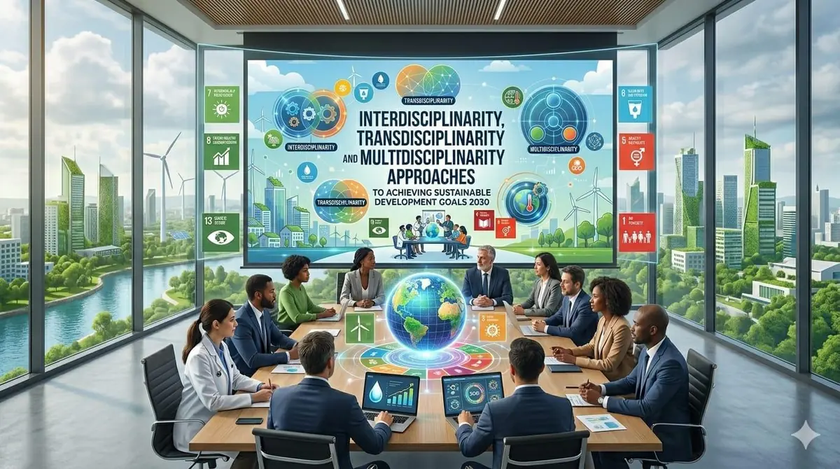 Researchers collaborating on interdisciplinary Sustainable Development Goals research.