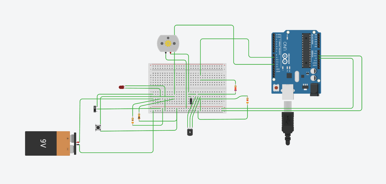 Tinkercad model of the electronic subsystem: breadboard with Arduino, brushless DC motor, flip switch, push button, LED and battery